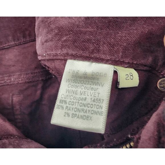 Rag & Bone Women's Wine Velvet Skinny Pants Size 28‎ - Picture 2 of 5